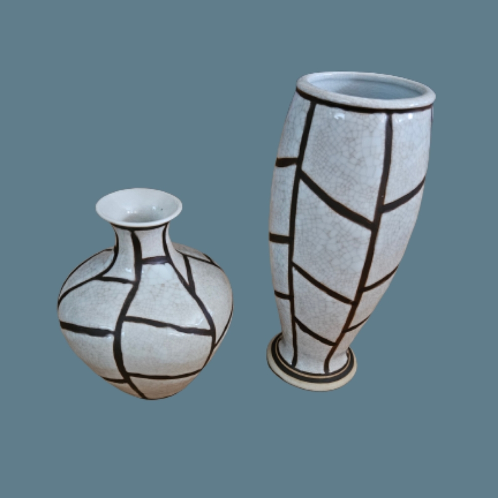 *Vintage Set of 2 Formalities by Baum Brothers Geometric Crackle Vases MCM
